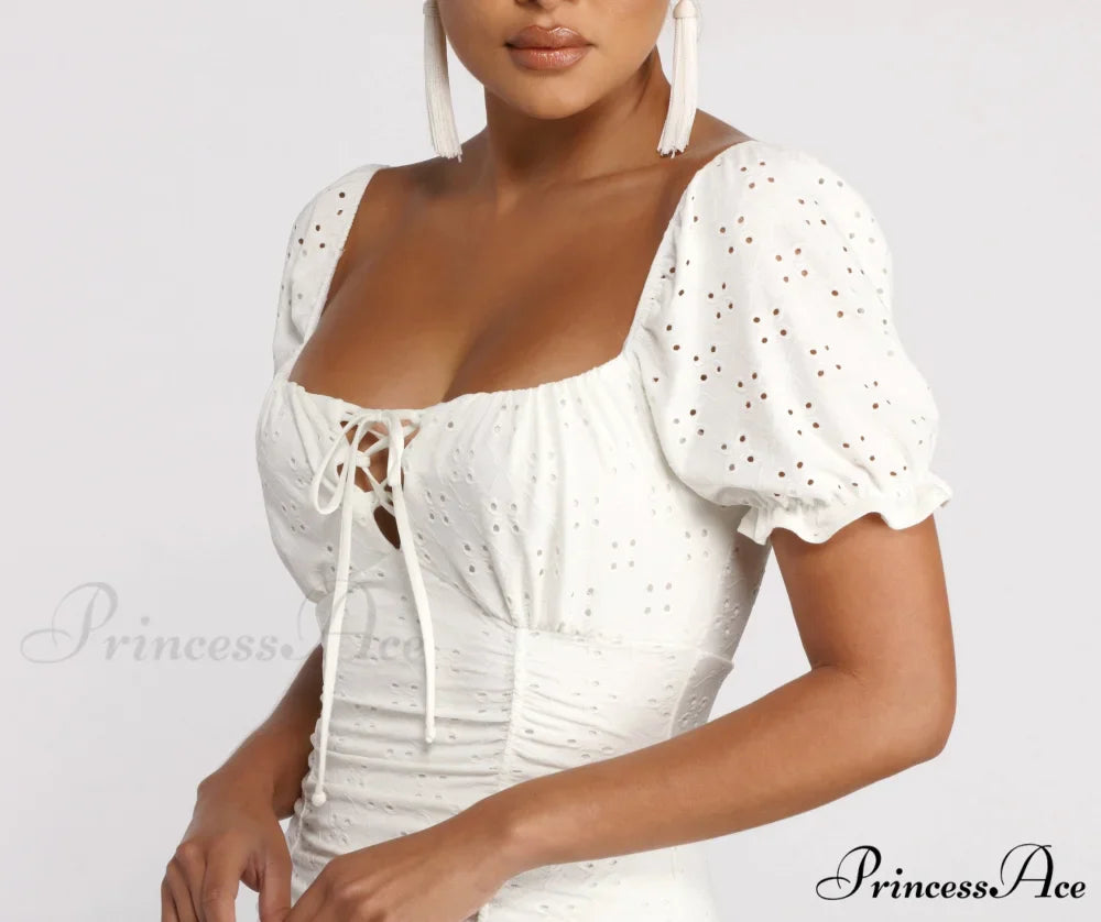 Ruffled Eyelet Puff Charming Sleeve Mini Dress