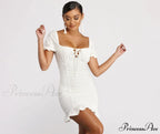Ruffled Eyelet Puff Charming Sleeve Mini Dress