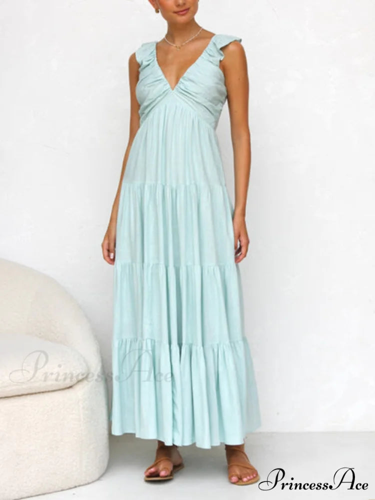 Ruffled Flying Sleeves Smocked Graceful Back Tiered Vacation Maxi Dress