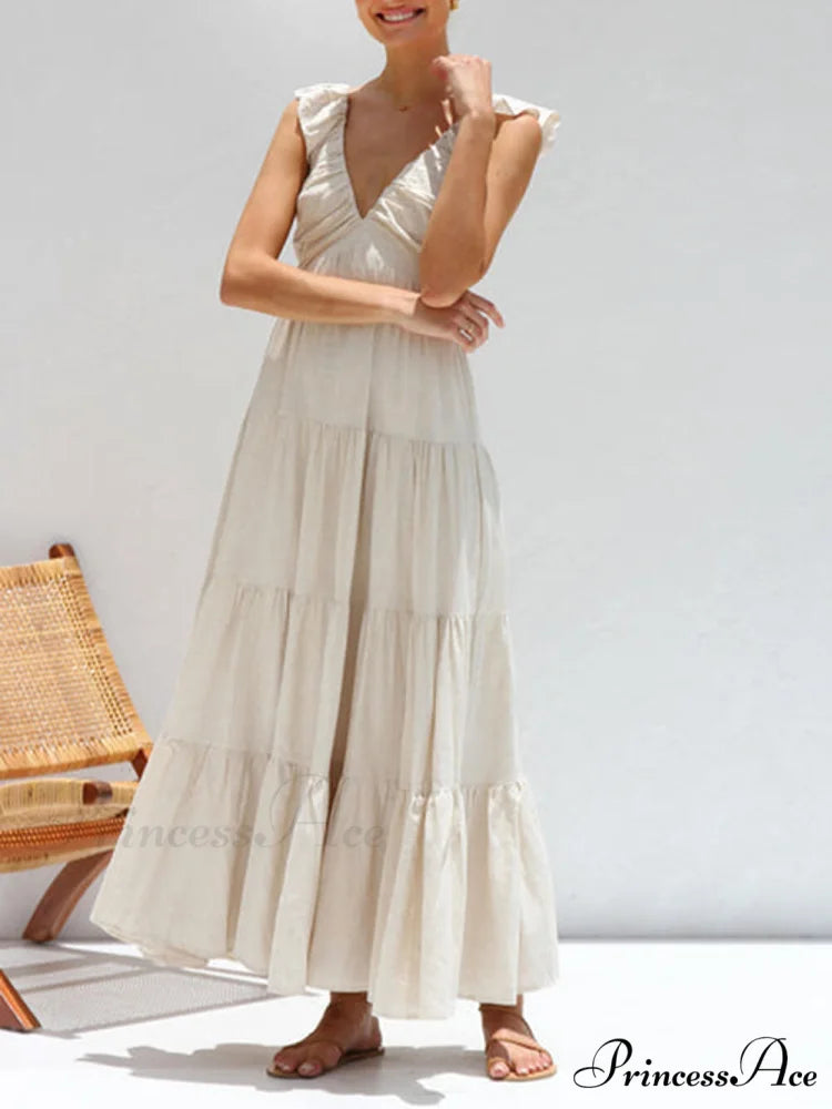 Ruffled Flying Sleeves Smocked Graceful Back Tiered Vacation Maxi Dress