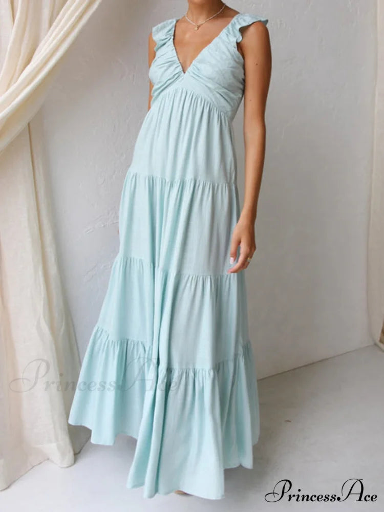 Ruffled Flying Sleeves Smocked Graceful Back Tiered Vacation Maxi Dress