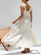 Ruffled Flying Sleeves Smocked Graceful Back Tiered Vacation Maxi Dress
