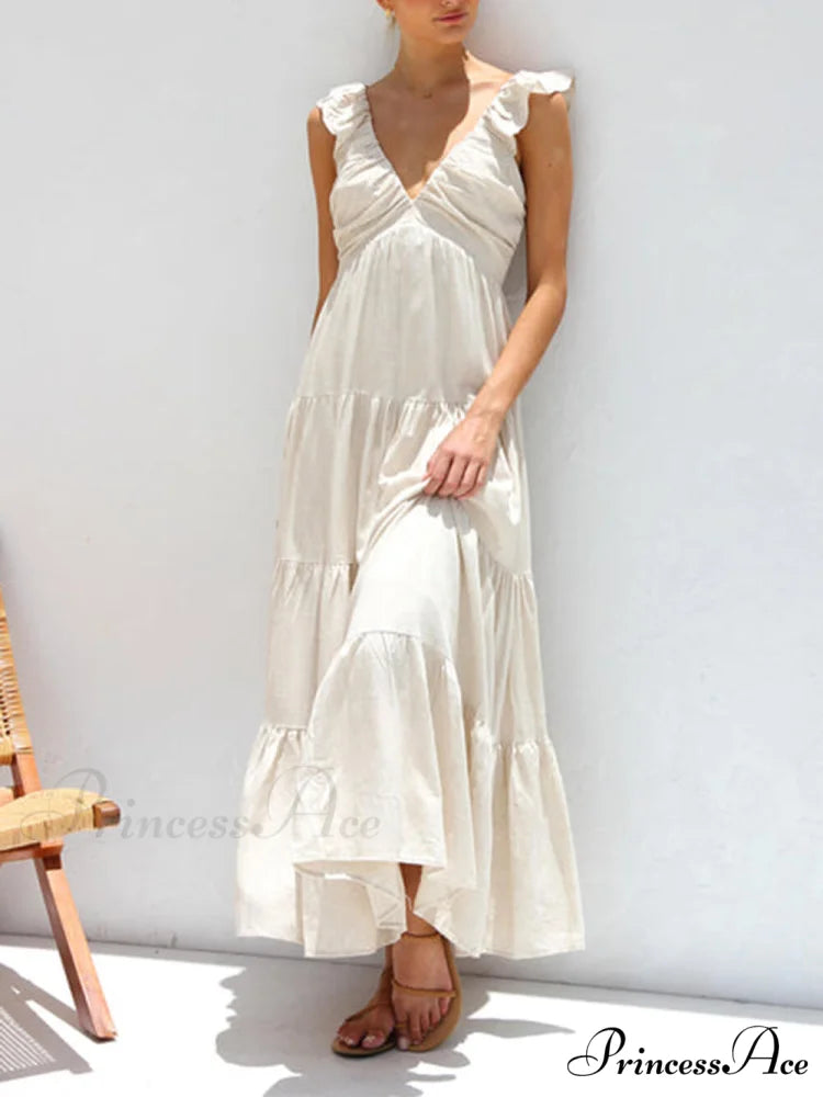 Ruffled Flying Sleeves Smocked Graceful Back Tiered Vacation Maxi Dress