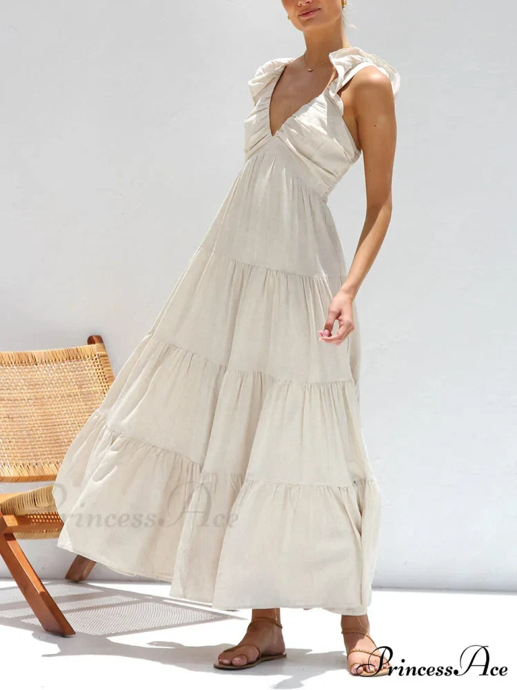 Ruffled Flying Sleeves Smocked Graceful Back Tiered Vacation Maxi Dress