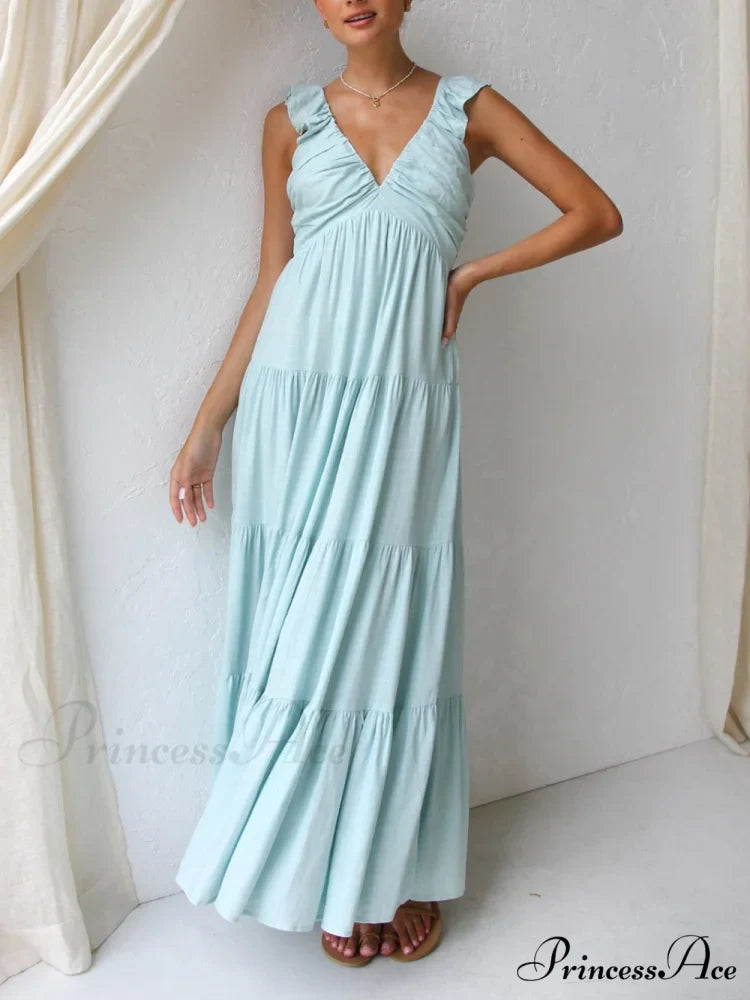 Ruffled Flying Sleeves Smocked Graceful Back Tiered Vacation Maxi Dress