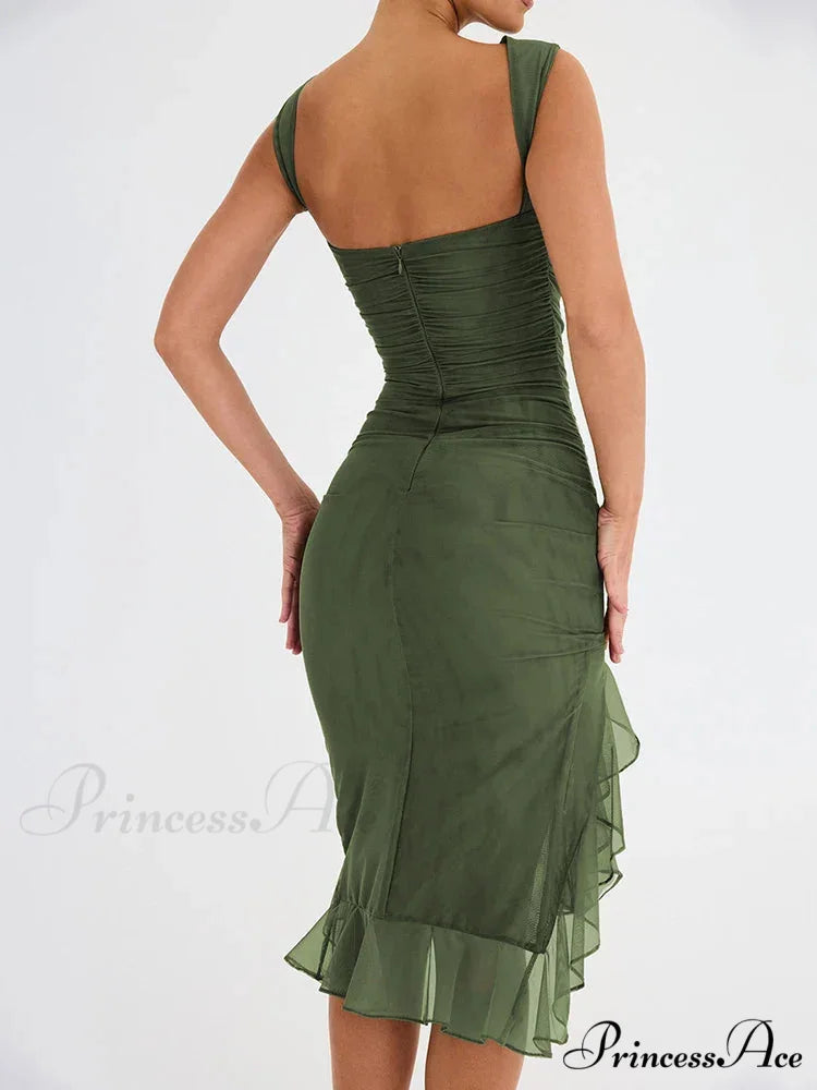 Ruffled Ruched Summer-ready Backless Sleeveless Irregular Sensual Midi Dress
