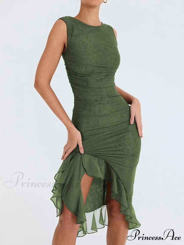Ruffled Ruched Summer-ready Backless Sleeveless Irregular Sensual Midi Dress