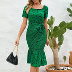 Ruffled Sexy Hip Wrap Skirt Summer Elastic Waist Square Collar Skirt Women Trending Clothing Floral Dress