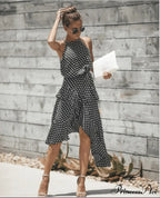 Ruffles Halter Irregular Lace Up Dress