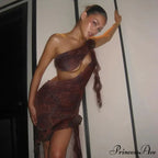 Ruffles Print One Shoulder Hollow Out Mini Backless Sleeveless Flower Matching Ruched Party Women's Midi Dress