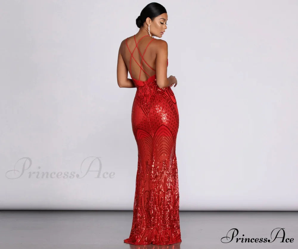 Salma Formal Sequin Charming Scroll Print Dress