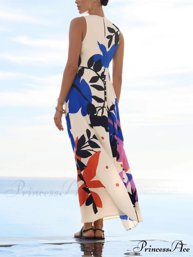 Satin Art Floral Charming Print Maxi Dress