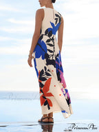 Satin Art Floral Charming Print Maxi Dress