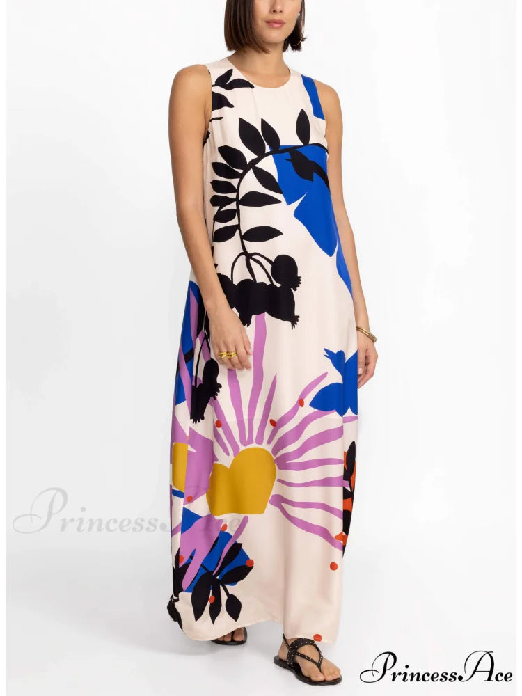 Satin Art Floral Charming Print Maxi Dress