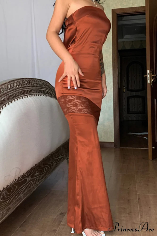 Satin Backless Lace Patchwork Strapless Dress