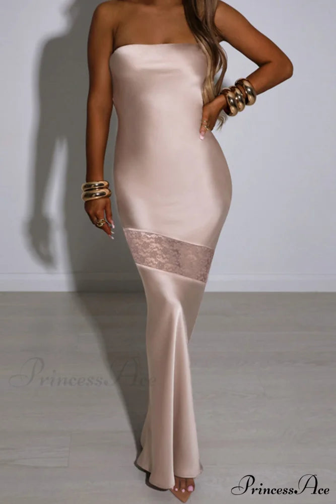 Satin Backless Lace Patchwork Strapless Dress