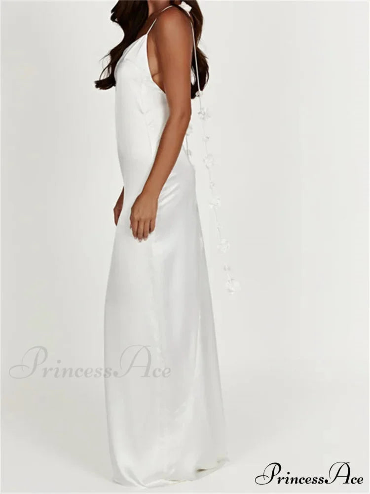 Satin Backless Spaghetti Strap for Women Sexy Backless 3D Flower Tassels Party Cocktail Y2K Vestidos