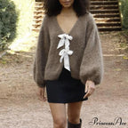 Satin Bow Tied V-neck Cardigan