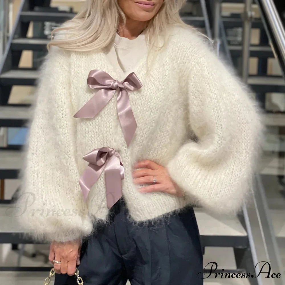 Satin Bow Tied V-neck Cardigan