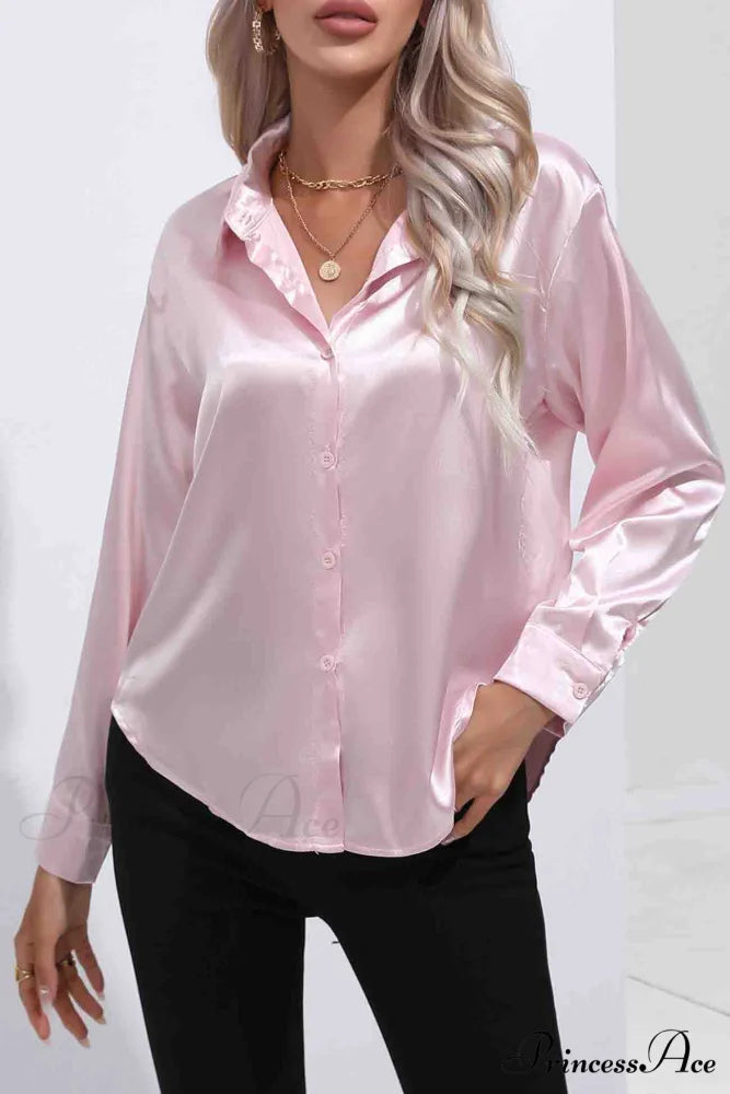 Satin Button Up Blouse with Lapel
