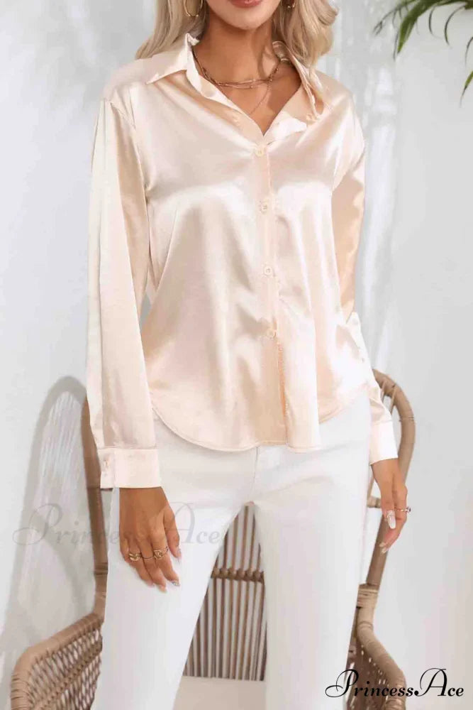 Satin Button Up Blouse with Lapel