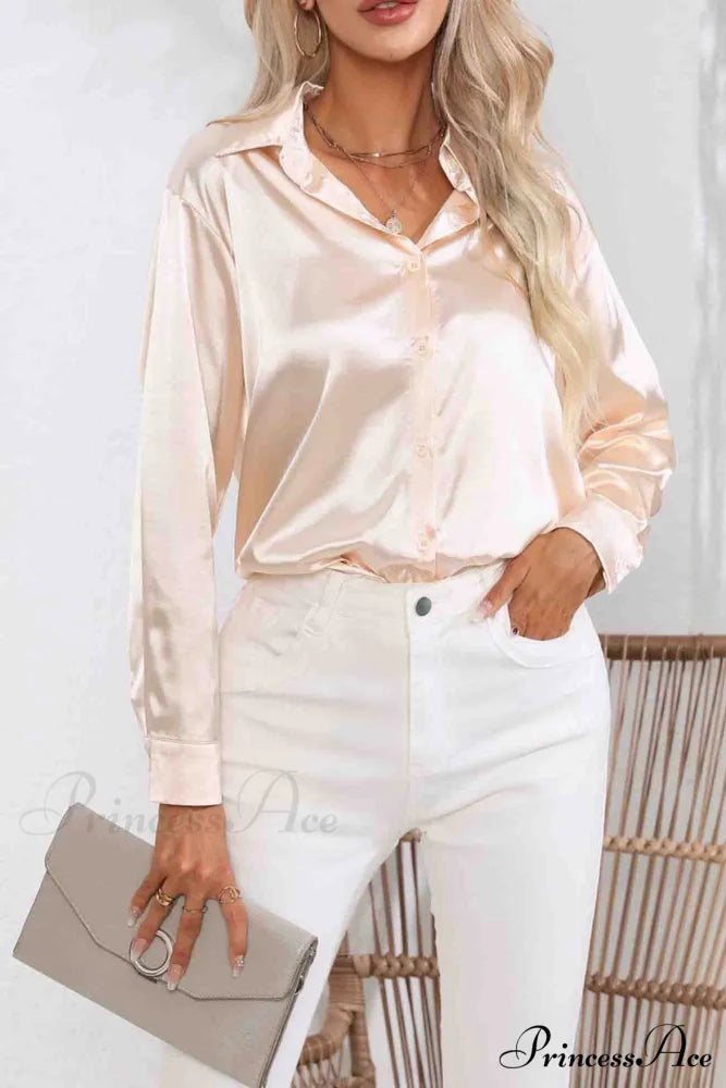 Satin Button Up Blouse with Lapel