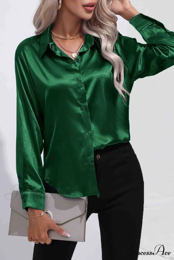 Satin Button Up Blouse with Lapel