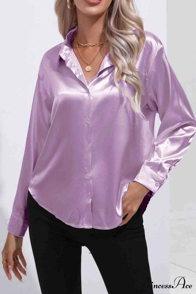 Satin Button Up Blouse with Lapel