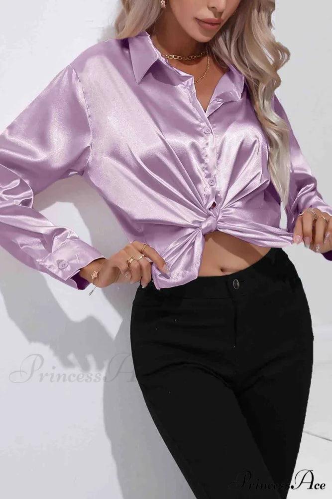 Satin Button Up Blouse with Lapel