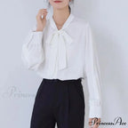 Satin Champagne Ribbon Long Sleeve Professional Woman Blouse