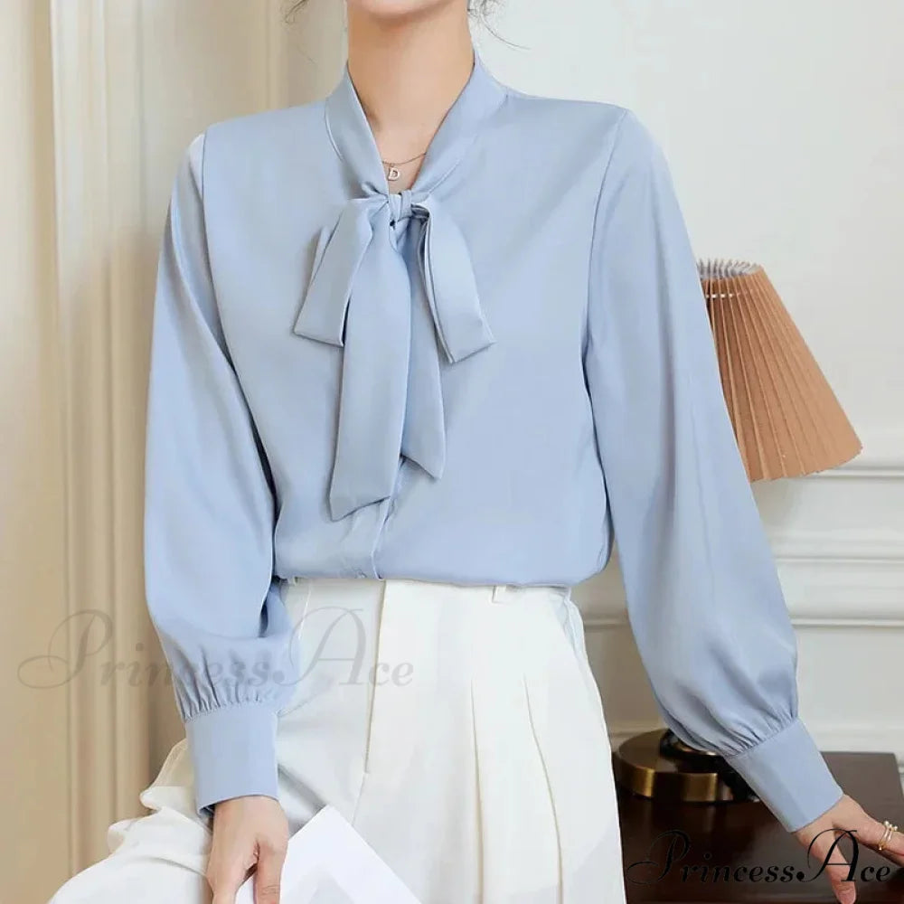 Satin Champagne Ribbon Long Sleeve Professional Woman Blouse