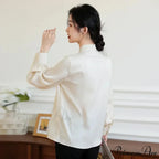 Satin Champagne Ribbon Long Sleeve Professional Woman Blouse