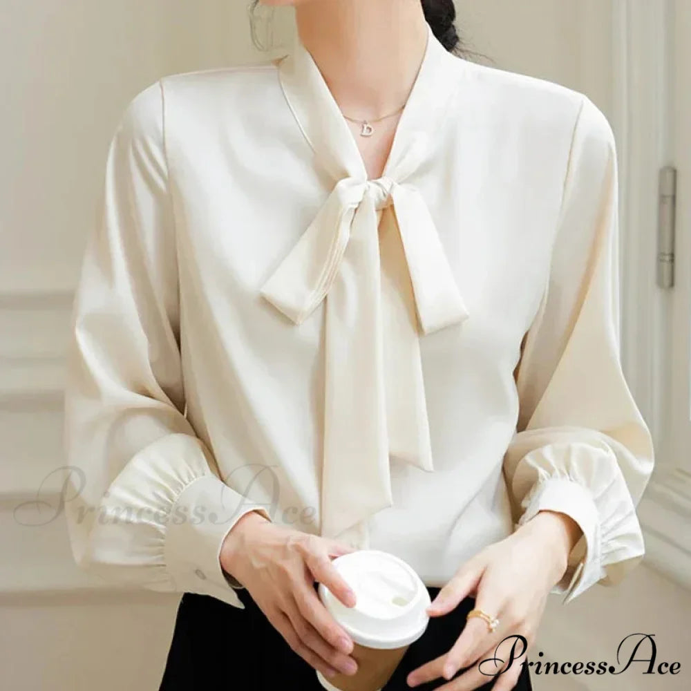 Satin Champagne Ribbon Long Sleeve Professional Woman Blouse