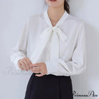 Satin Champagne Ribbon Long Sleeve Professional Woman Blouse