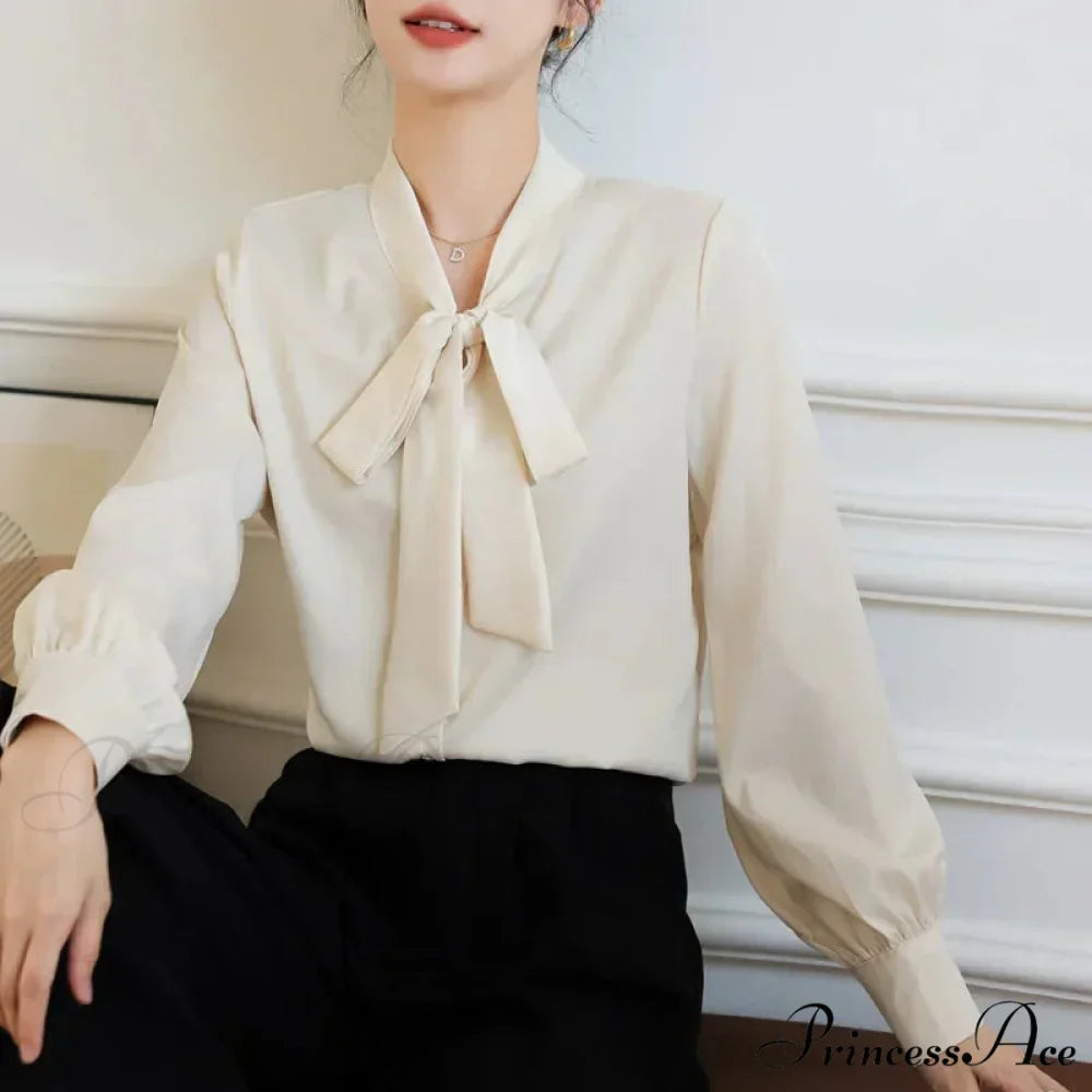 Satin Champagne Ribbon Long Sleeve Professional Woman Blouse