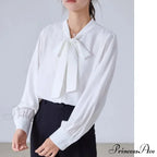 Satin Champagne Ribbon Long Sleeve Professional Woman Blouse