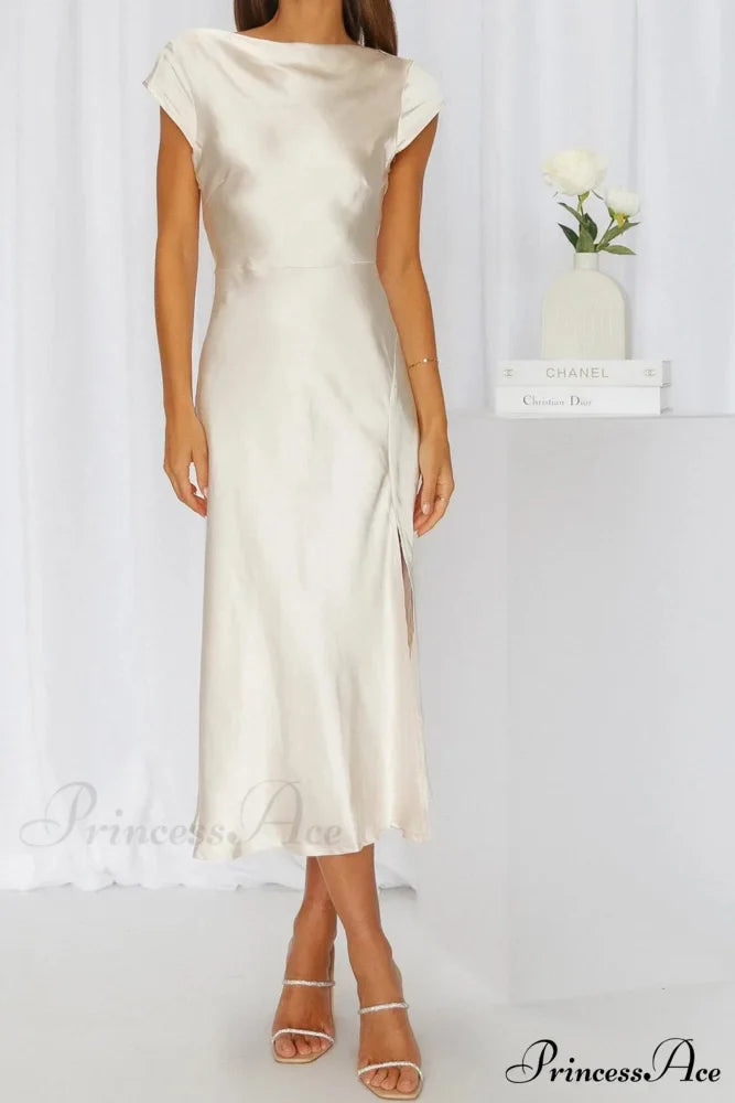 Satin Cowl Neck Dress with Twisted-back Slit