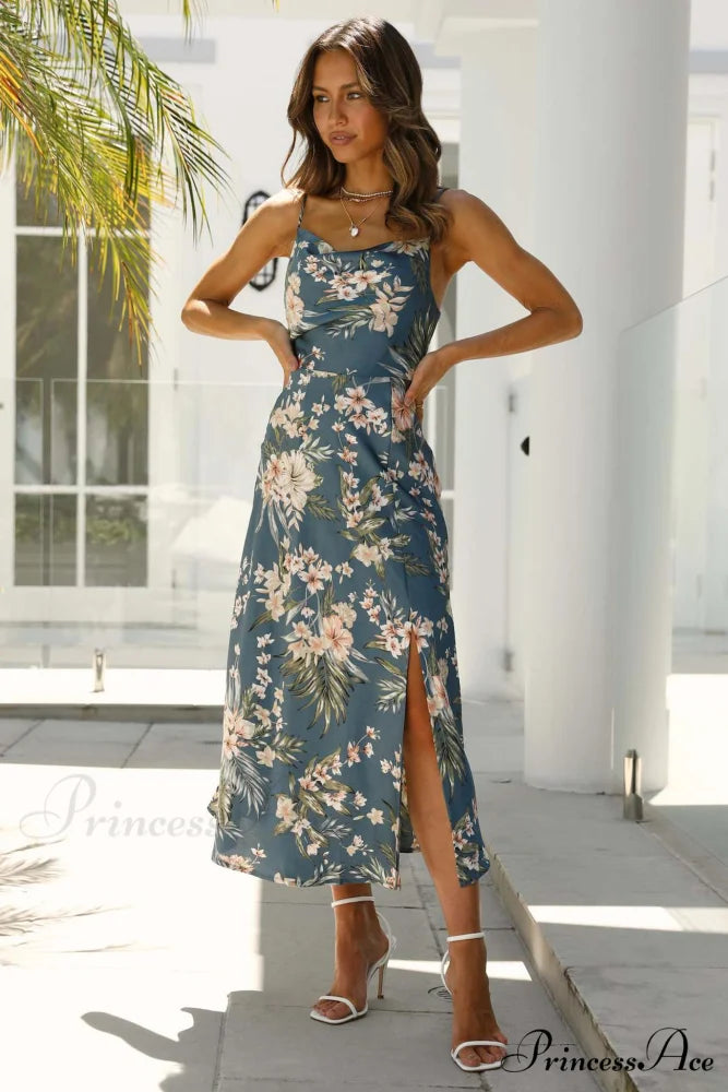 Satin Floral Print Cowl Neck Cami Dress with Slit