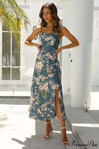 Satin Floral Print Cowl Neck Cami Dress with Slit
