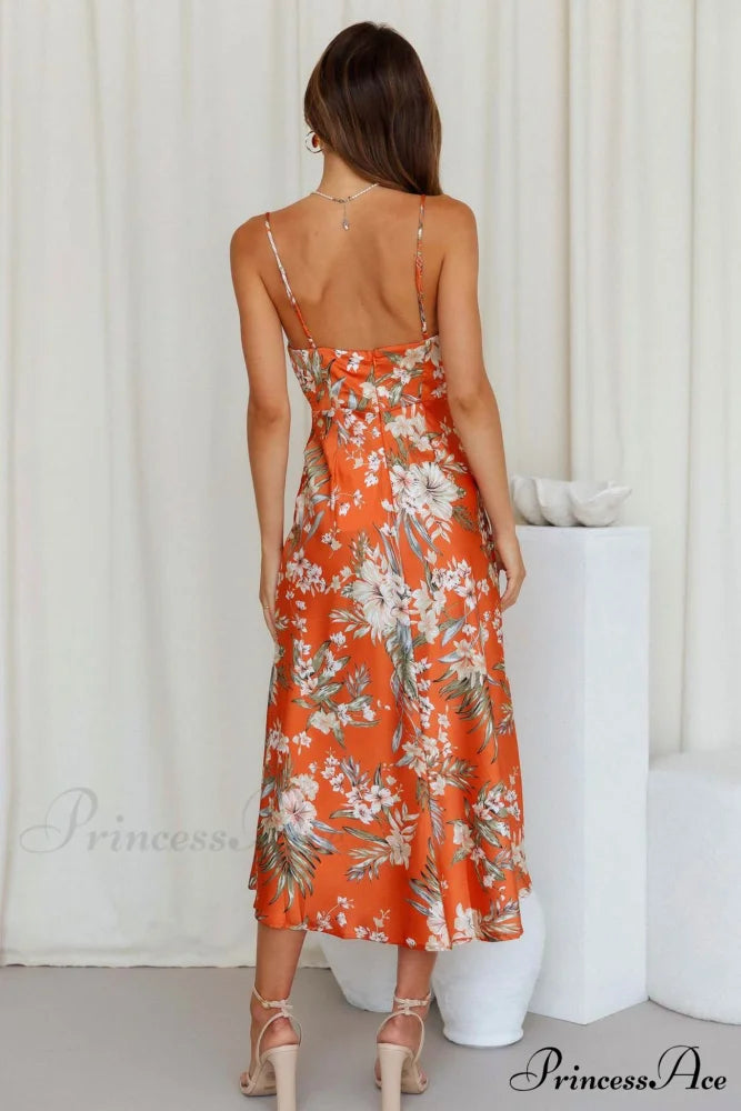 Satin Floral Print Cowl Neck Cami Dress with Slit