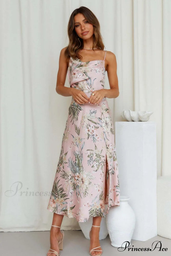 Satin Floral Print Cowl Neck Cami Dress with Slit
