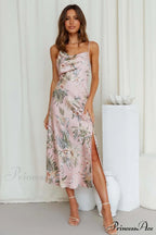 Satin Floral Print Cowl Neck Cami Dress with Slit