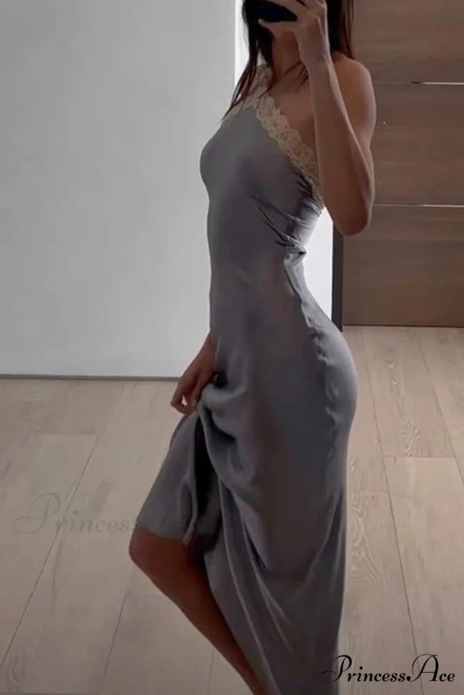 Satin Halter Lace Patchwork Dress