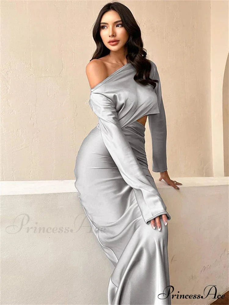 Satin Off Shoulder Long Sleeve Crop Top Maxi Dress