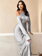 Satin Off Shoulder Long Sleeve Crop Top Maxi Dress