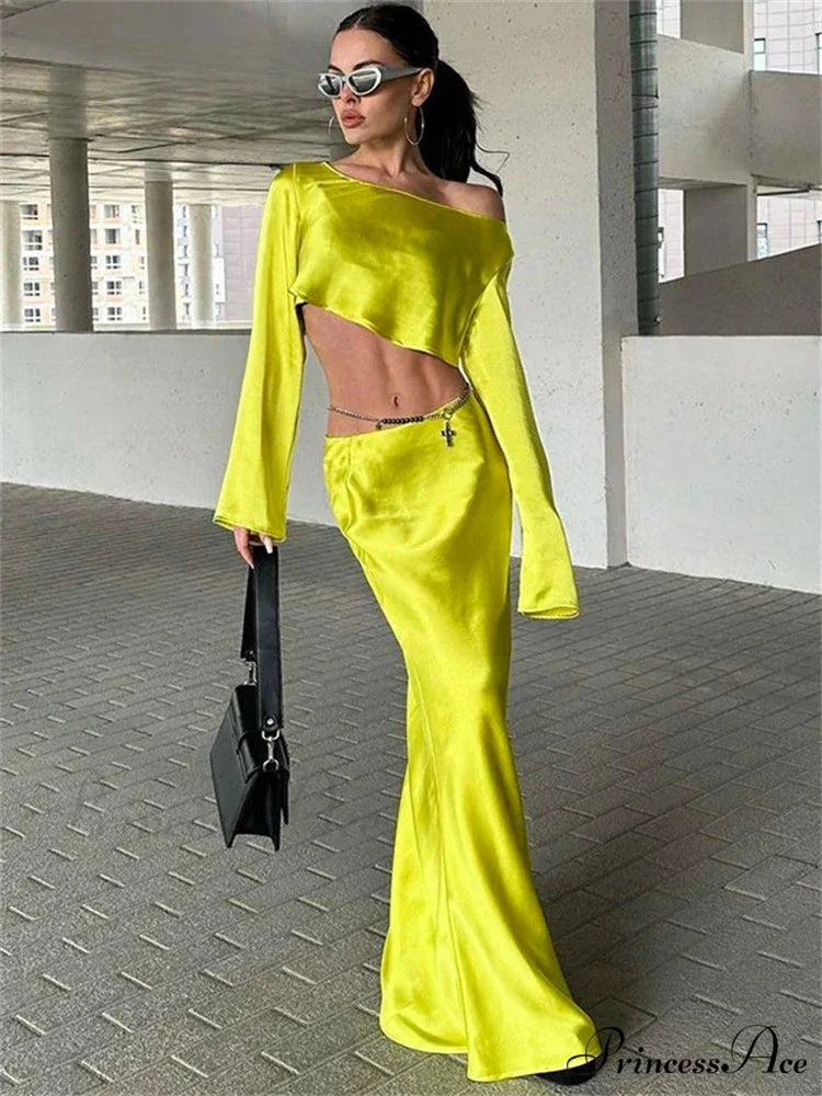 Satin Off Shoulder Long Sleeve Crop Top Maxi Dress