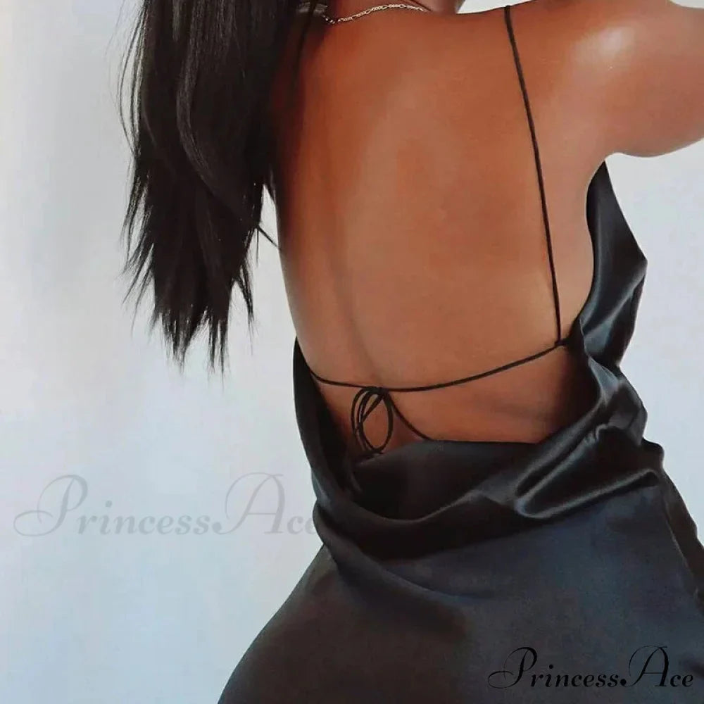 Satin Spaghetti Strap Summer Split V-neck Elegant Sleeveless Backless Club Party Outfits Sexy