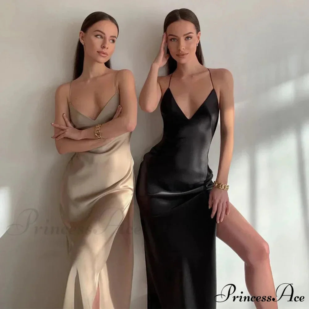 Satin Spaghetti Strap Summer Split V-neck Elegant Sleeveless Backless Club Party Outfits Sexy