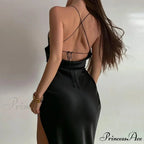 Satin Spaghetti Strap Summer Split V-neck Elegant Sleeveless Backless Club Party Outfits Sexy