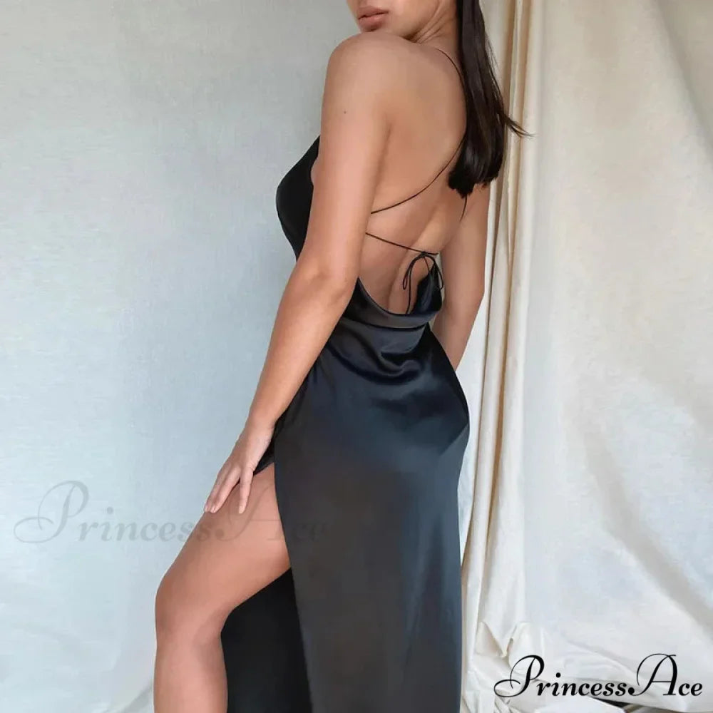 Satin Spaghetti Strap Summer Split V-neck Elegant Sleeveless Backless Club Party Outfits Sexy